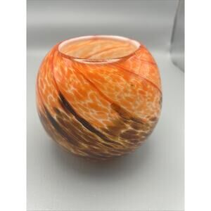 Beautiful Art Glass HQT Hand Blown Sphere Brown & Orange Glass Vase 4.5 In Tall